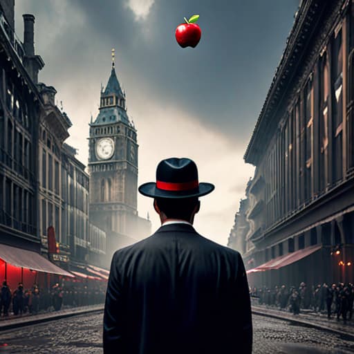  Man wearing a round black bowler hat with one red apple in a dirty city with a stormy sky hyperrealistic, full body, detailed clothing, highly detailed, cinematic lighting, stunningly beautiful, intricate, sharp focus, f/1. 8, 85mm, (centered image composition), (professionally color graded), ((bright soft diffused light)), volumetric fog, trending on instagram, trending on tumblr, HDR 4K, 8K