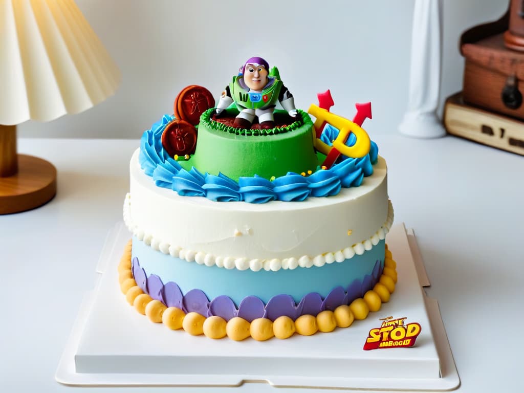  A minimalistic image of a beautifully decorated Toy Storythemed cake, featuring intricate fondant figures of Woody, Buzz Lightyear, and other beloved characters from the movie. The cake is expertly crafted with vibrant colors and precise details, showcasing a seamless design that would captivate any Toy Story fan. The background is a clean, simple setting that allows the cake to stand out as the focal point, emphasizing its professional and inspiring aesthetic. hyperrealistic, full body, detailed clothing, highly detailed, cinematic lighting, stunningly beautiful, intricate, sharp focus, f/1. 8, 85mm, (centered image composition), (professionally color graded), ((bright soft diffused light)), volumetric fog, trending on instagram, trending on tumblr, HDR 4K, 8K