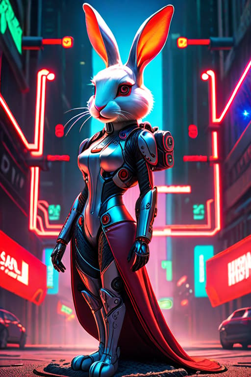  Cyborg feminine hare, kawaii cyborg rabbit, high detailed face, beautiful body, glowing hair, looking at the camera, breeze, neon strings, chaotic wiring/cables, scifi, futuristic, highly detailed, cinematic, cyberpunk, highly detailed and intricate, rich deep colors. sf, raphael, caravaggio, greg rutkowski, beeple, beksinski, red background hyperrealistic, full body, detailed clothing, highly detailed, cinematic lighting, stunningly beautiful, intricate, sharp focus, f/1. 8, 85mm, (centered image composition), (professionally color graded), ((bright soft diffused light)), volumetric fog, trending on instagram, trending on tumblr, HDR 4K, 8K