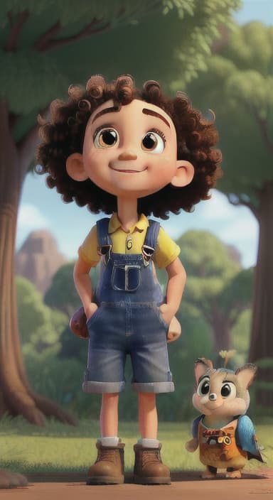  {Riley looking up at the tree with a big smile, animals surrounding them., Riley, a curious with big brown eyes and curly hair, wearing overalls and carrying a small backpack. Their friend, Skye, a bluebird with shiny feathers.