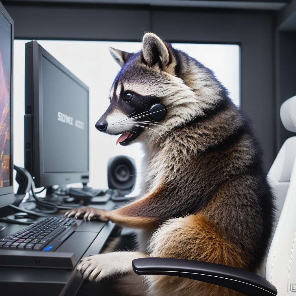  raccoon sitting in gaming chair front a computer on desktop, ((semi anthropomorphic)),(full body), tail, belly, sitting, fat, (chubby), (((white background))), solo, desktop, gaming chair, side view,  [[[clothes]]] hyperrealistic, full body, detailed clothing, highly detailed, cinematic lighting, stunningly beautiful, intricate, sharp focus, f/1. 8, 85mm, (centered image composition), (professionally color graded), ((bright soft diffused light)), volumetric fog, trending on instagram, trending on tumblr, HDR 4K, 8K