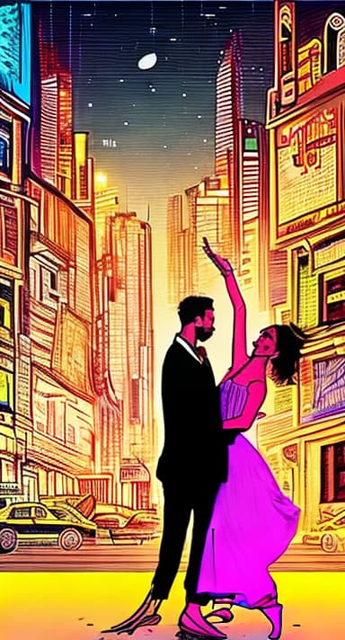  Amidst the neon glow of a lively, eclectic cityscape, Mr. Jones and Maria dance under a starry, hopeful night