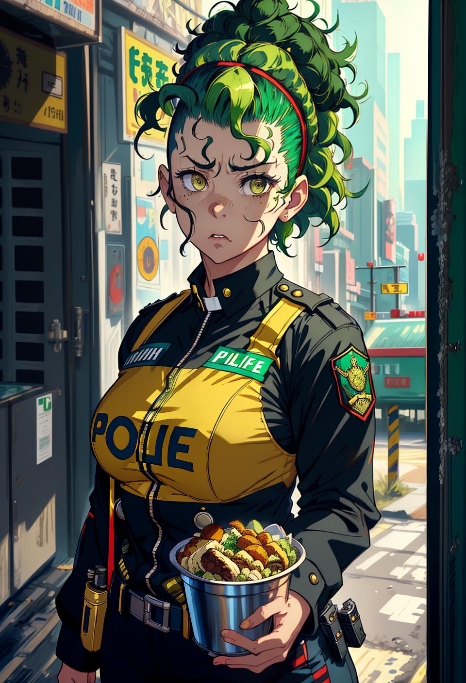  ((trending, highres, masterpiece, cinematic shot)), 1girl, mature, female police uniform, large, eating food, medium-length curly green hair, mohawk hairstyle,  yellow eyes, shy personality, worried expression, red skin, epic, clever