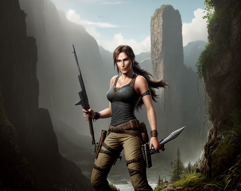  lara croft mixed with sharon den adel, realistic face