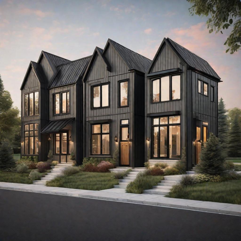  masterpiece, best quality,Evening street view of a minimal and elegant rowhouse in a friendly rural town: 3 units, 3 stories, each have gambrel roof shape. Windows have muntins. Materials include vertical wood siding, black metal roof, black metal window frame and doors.,