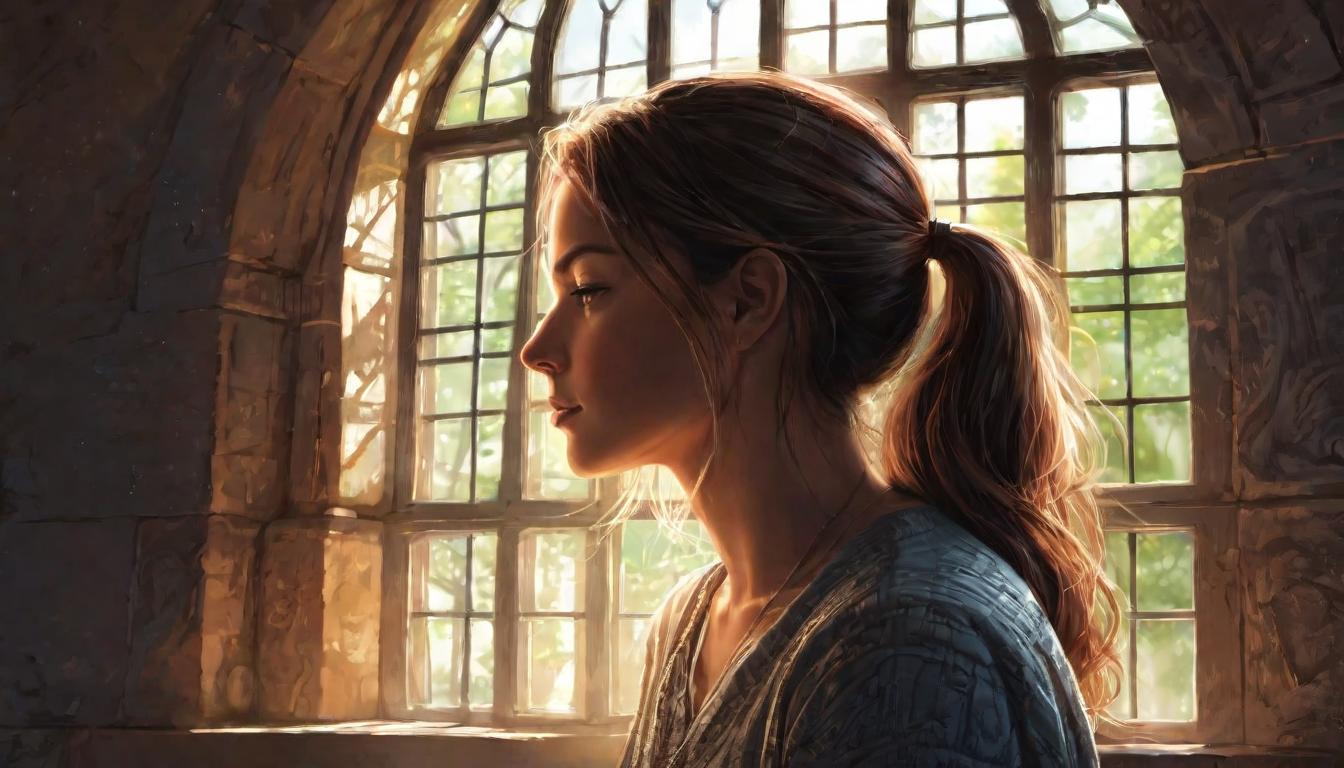  digital illustration, 1person, standing before a large window, sunlight streaming in, face illuminated in thought, a hand resting on the chin, wall covered with positive affirmations, calm setting, reframing negative thoughts, introspective determination, looking at viewer, dynamic pose, (intricate details, masterpiece, best quality)