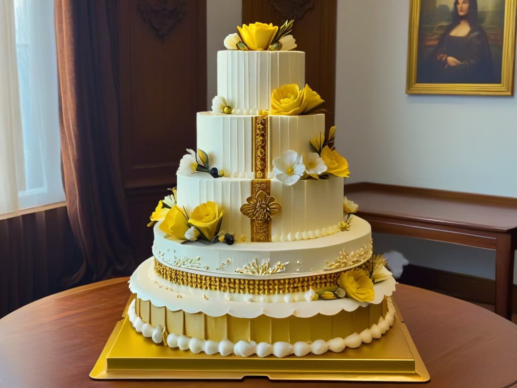  An intricately decorated cake inspired by the Renaissance era, featuring edible sculptures of classical Roman columns, intricate floral patterns reminiscent of Renaissance tapestries, and a lifelike edible painting of Leonardo da Vinci's "Mona Lisa" on the top tier. The cake is adorned with edible gold leaf accents and delicate sugar flowers, showcasing the artistry and skill of edible Renaissanceinspired cake decoration. hyperrealistic, full body, detailed clothing, highly detailed, cinematic lighting, stunningly beautiful, intricate, sharp focus, f/1. 8, 85mm, (centered image composition), (professionally color graded), ((bright soft diffused light)), volumetric fog, trending on instagram, trending on tumblr, HDR 4K, 8K