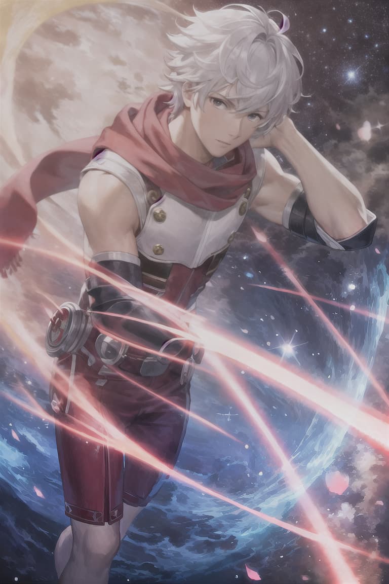  master piece , best quality,Red hero, male, white hair, short hair, mechanical, space, blue scarf