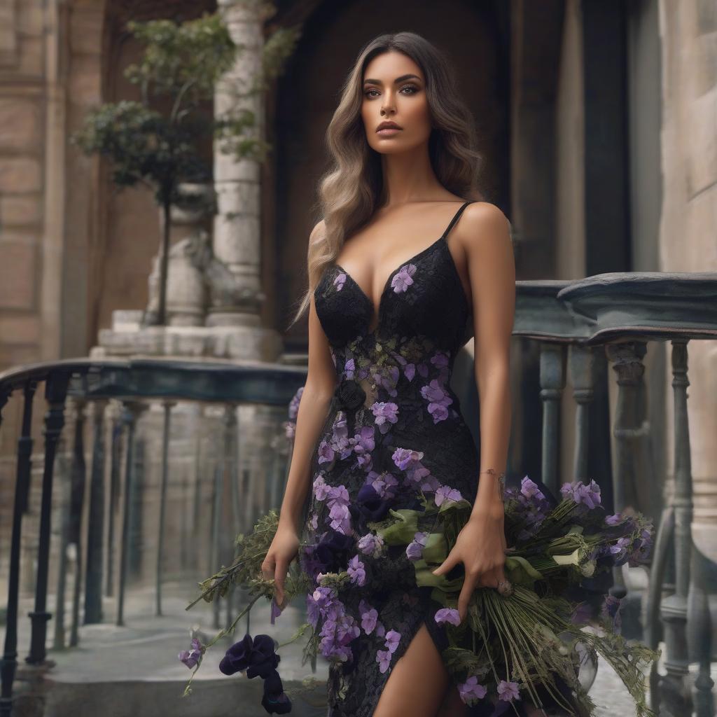  Sad beauty in a black dress with a bouquet of violets from the 2000s. hyperrealistic, full body, detailed clothing, highly detailed, cinematic lighting, stunningly beautiful, intricate, sharp focus, f/1. 8, 85mm, (centered image composition), (professionally color graded), ((bright soft diffused light)), volumetric fog, trending on instagram, trending on tumblr, HDR 4K, 8K