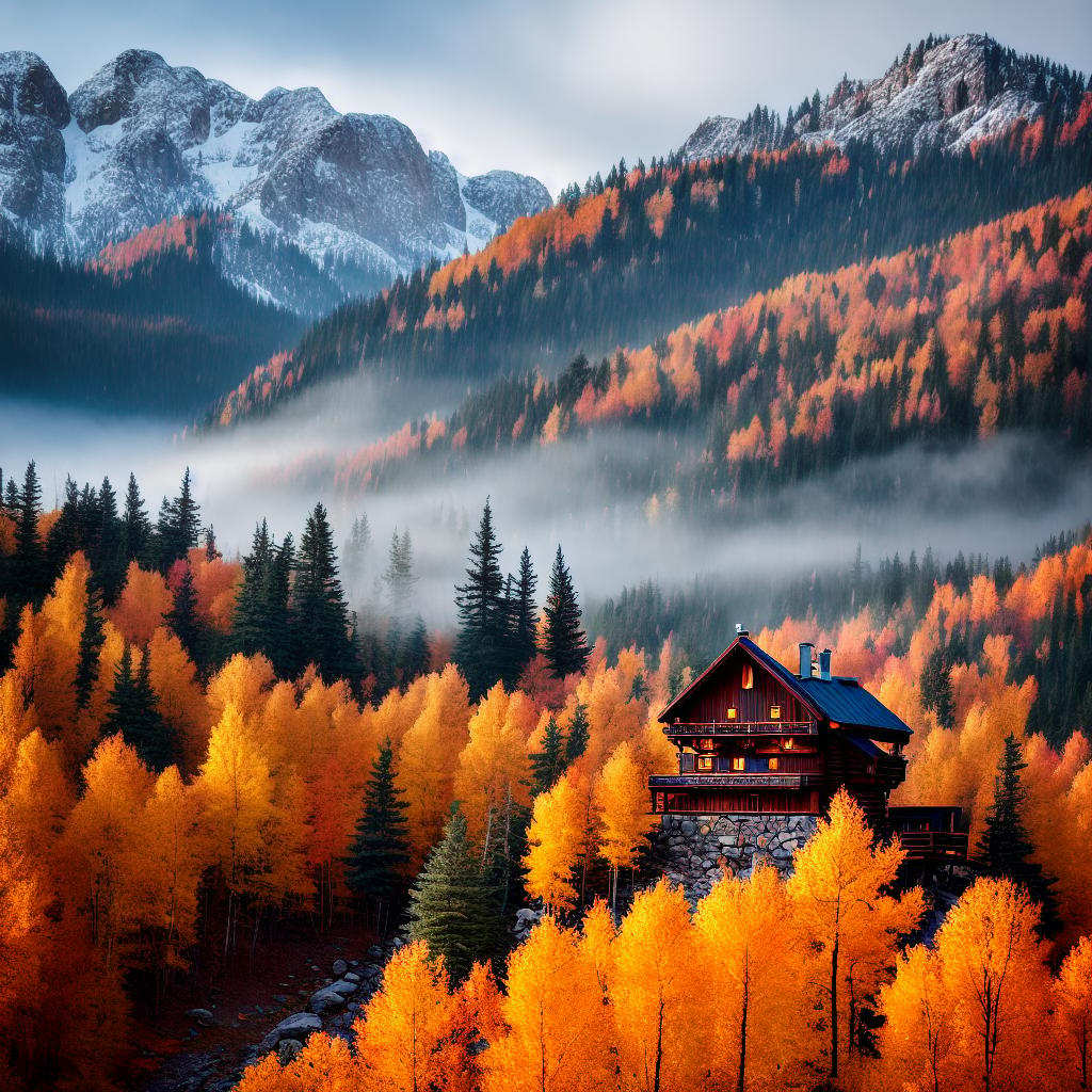  A breathtaking autumn mountain scenery masterpiece with the best quality. The artwork is in an 8k resolution, showcasing the high detailed and ultra-detailed features. The main subject of the scene is a serene cabin nestled among colorful trees. hyperrealistic, full body, detailed clothing, highly detailed, cinematic lighting, stunningly beautiful, intricate, sharp focus, f/1. 8, 85mm, (centered image composition), (professionally color graded), ((bright soft diffused light)), volumetric fog, trending on instagram, trending on tumblr, HDR 4K, 8K