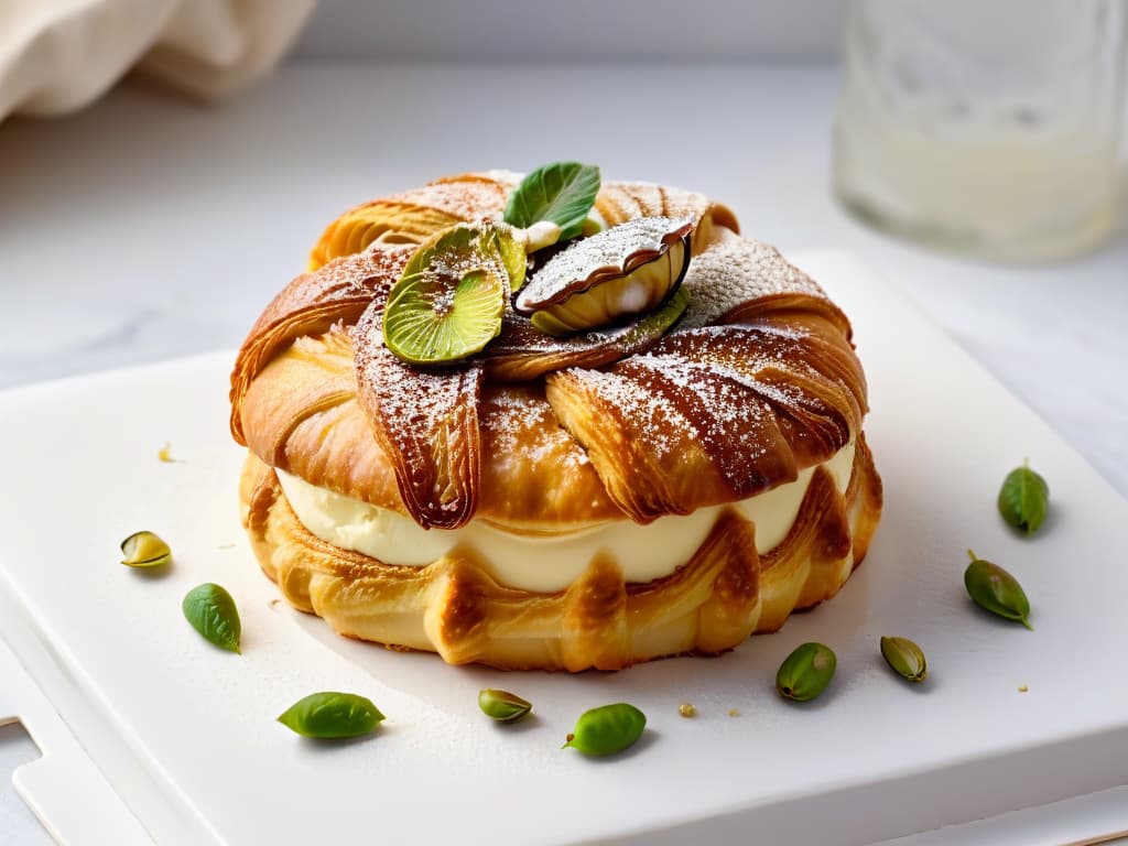  An intricately crafted, minimalist image capturing the art of layering textures in pastrymaking: a delicate, flaky croissant topped with a glossy honey glaze, adorned with a sprinkle of crushed pistachios, resting on a pristine white marble surface. The goldenbrown pastry's layers are visible, showcasing the expert technique and attention to detail required in achieving the perfect balance of textures in pastry. hyperrealistic, full body, detailed clothing, highly detailed, cinematic lighting, stunningly beautiful, intricate, sharp focus, f/1. 8, 85mm, (centered image composition), (professionally color graded), ((bright soft diffused light)), volumetric fog, trending on instagram, trending on tumblr, HDR 4K, 8K