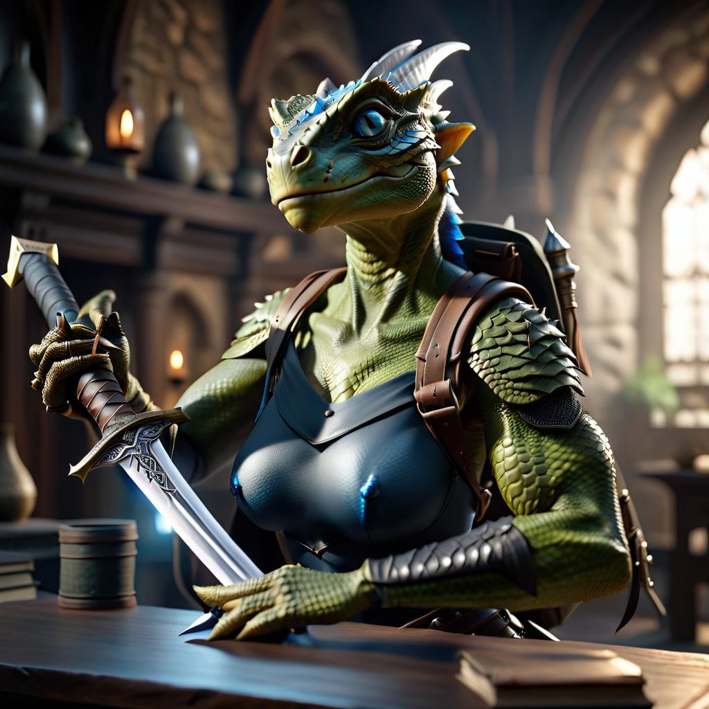  a woman, naked Argonian, with blue eyes, ash colored scales, a two handed sword on her back with a rapier and a backpack in the corner of the room hyperrealistic, full body, detailed clothing, highly detailed, cinematic lighting, stunningly beautiful, intricate, sharp focus, f/1. 8, 85mm, (centered image composition), (professionally color graded), ((bright soft diffused light)), volumetric fog, trending on instagram, trending on tumblr, HDR 4K, 8K