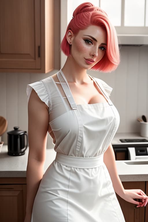  a closeup portrait of a playful maid, undercut hair, apron, amazing body, pronounced feminine feature, busty, kitchen, [ash blonde | ginger | pink hair], freckles, flirting with camera hyperrealistic, full body, detailed clothing, highly detailed, cinematic lighting, stunningly beautiful, intricate, sharp focus, f/1. 8, 85mm, (centered image composition), (professionally color graded), ((bright soft diffused light)), volumetric fog, trending on instagram, trending on tumblr, HDR 4K, 8K