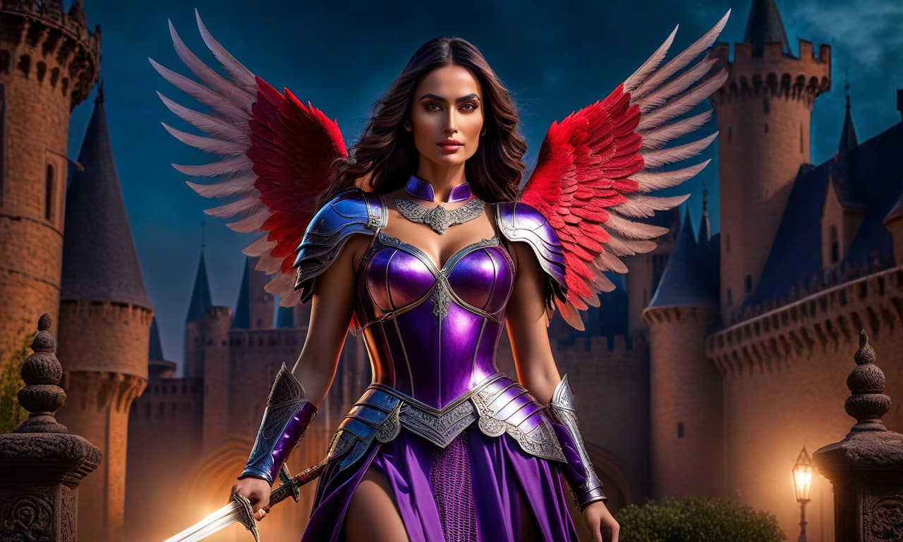  In general, a very beautiful Angel with huge red wings in full Milanese plate armor of the 15th 16th centuries, in sparkling purple armor with huge red wings stands in the courtyard of the castle, emphasizing details such as a huge two handed sword over her head.white fishnet stockings on her feet sfw, best quality, masterpiece, ultra high resolution, photorealistic, old stands tall, full body, with huge red wings The desert ,nclad uslarge , long dark hair ided, modeling, dynamic pose, detailed face, detailed skin, beautiful detailed eyes, detailed lips, natural skin texture, (dynamic pose 0.3), miniature, artist, detailed background,((Portrait of a stunning woman in pop art style, with a thin transparent ve hyperrealistic, full body, detailed clothing, highly detailed, cinematic lighting, stunningly beautiful, intricate, sharp focus, f/1. 8, 85mm, (centered image composition), (professionally color graded), ((bright soft diffused light)), volumetric fog, trending on instagram, trending on tumblr, HDR 4K, 8K