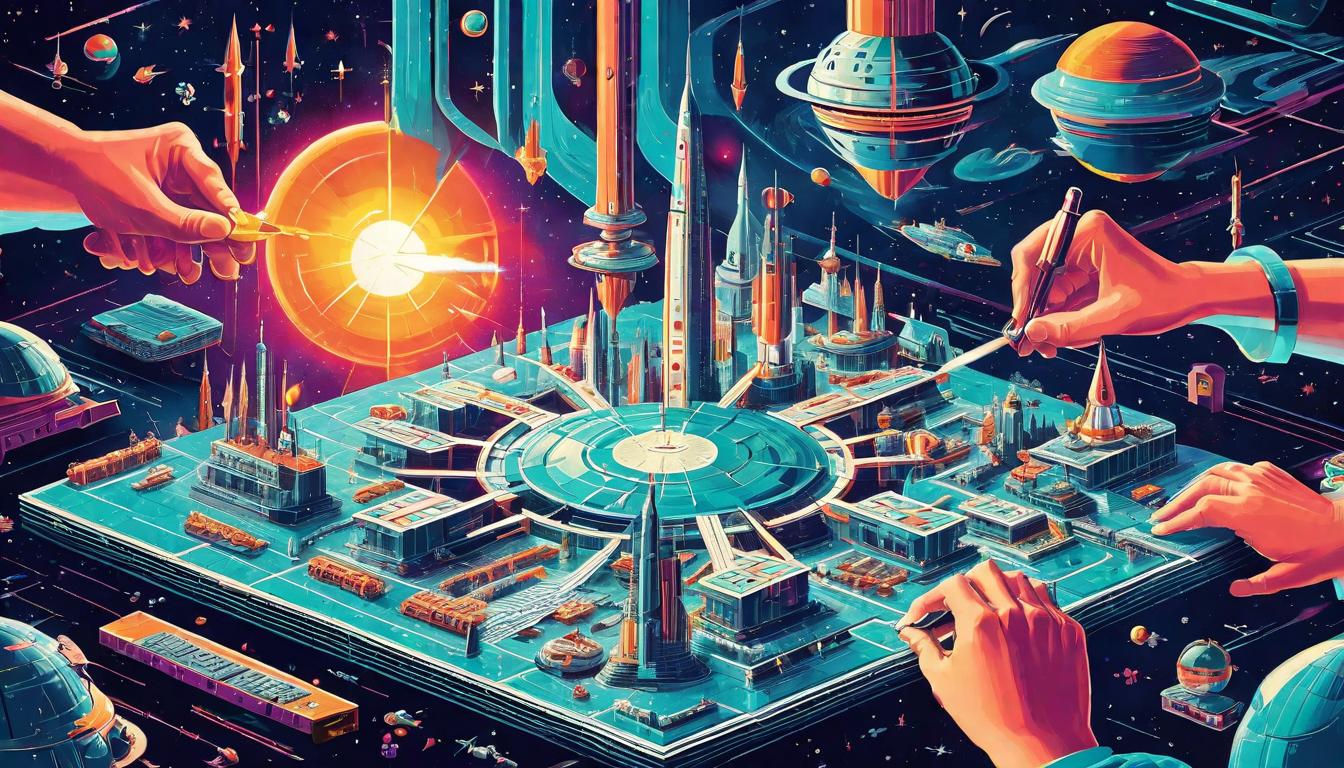  retro futuristic A puzzle being completed by multiple hands, each piece representing a project facet and personal growth, Cooperative, optimistic tones, Showing alignment of goals through collective effort. lvintage sci fi, 50s and 60s style, atomic age, vibrant, highly detailed