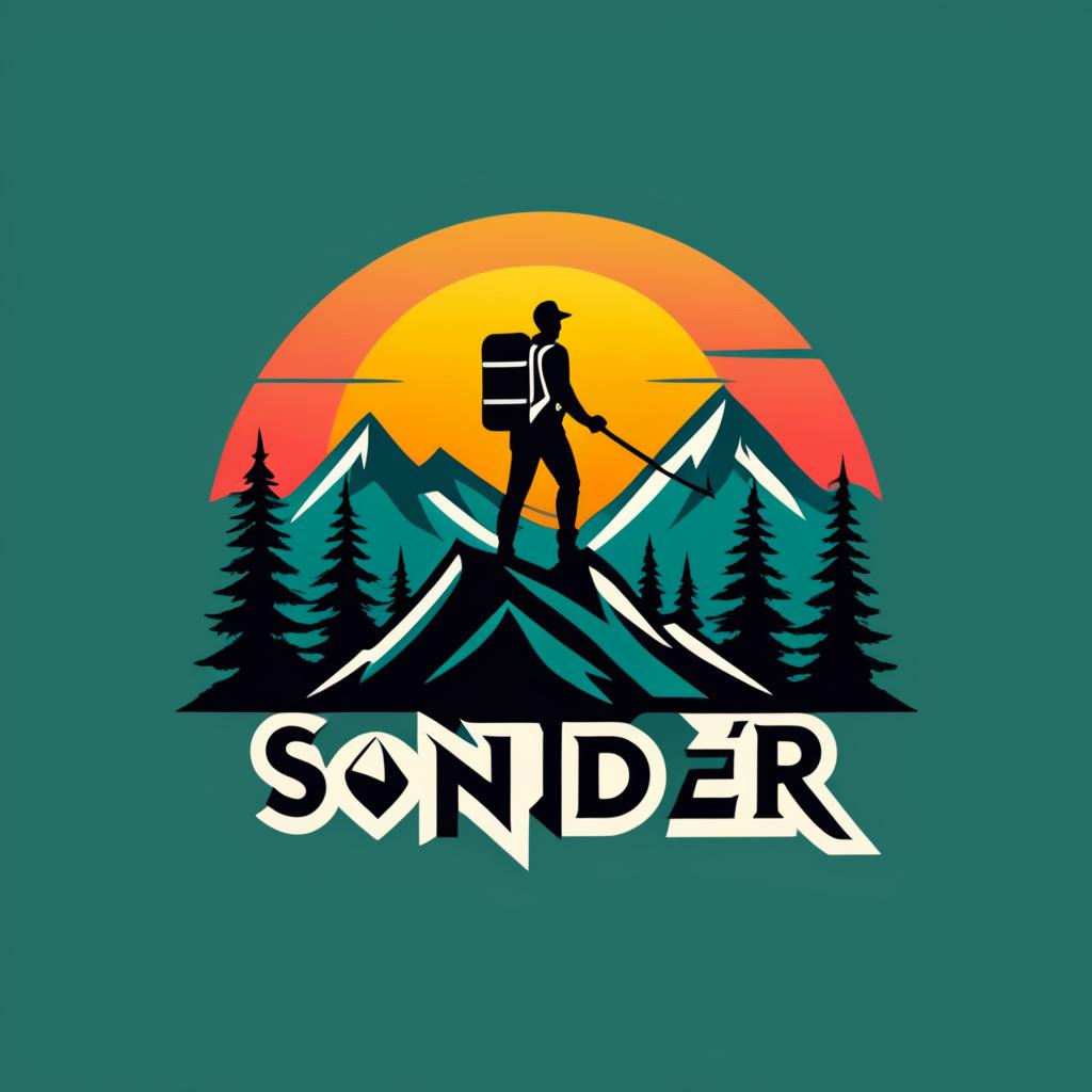  Logo, (minimalism style), Wanderer mit Blick auf Berggipfel zwischen Kiefernwald bei Sonnenuntergang