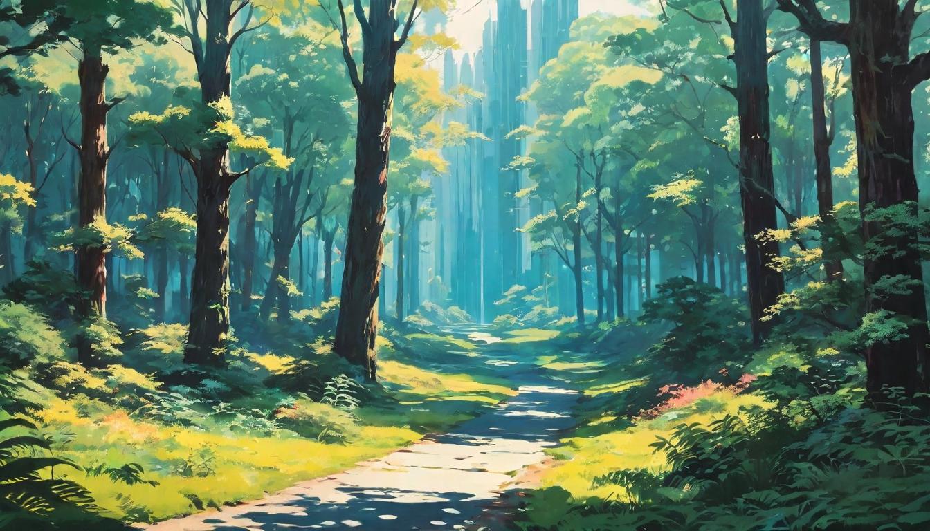  retro futuristic Nature walk, forested path, sunlight filtering through trees, peaceful stroll, connection with nature lvintage sci fi, 50s and 60s style, atomic age, vibrant, highly detailed