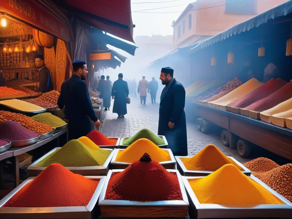  An ultradetailed image of a vibrant street market in Morocco, showcasing an array of exotic spices, colorful fruits, and traditional pastries being skillfully prepared by local chefs. The bustling scene captures the essence of culinary exploration in a foreign land, with intricate details such as steam rising from tagines, intricate tile patterns on the floor, and the joyful expressions of market vendors interacting with curious travelers. hyperrealistic, full body, detailed clothing, highly detailed, cinematic lighting, stunningly beautiful, intricate, sharp focus, f/1. 8, 85mm, (centered image composition), (professionally color graded), ((bright soft diffused light)), volumetric fog, trending on instagram, trending on tumblr, HDR 4K, 8K