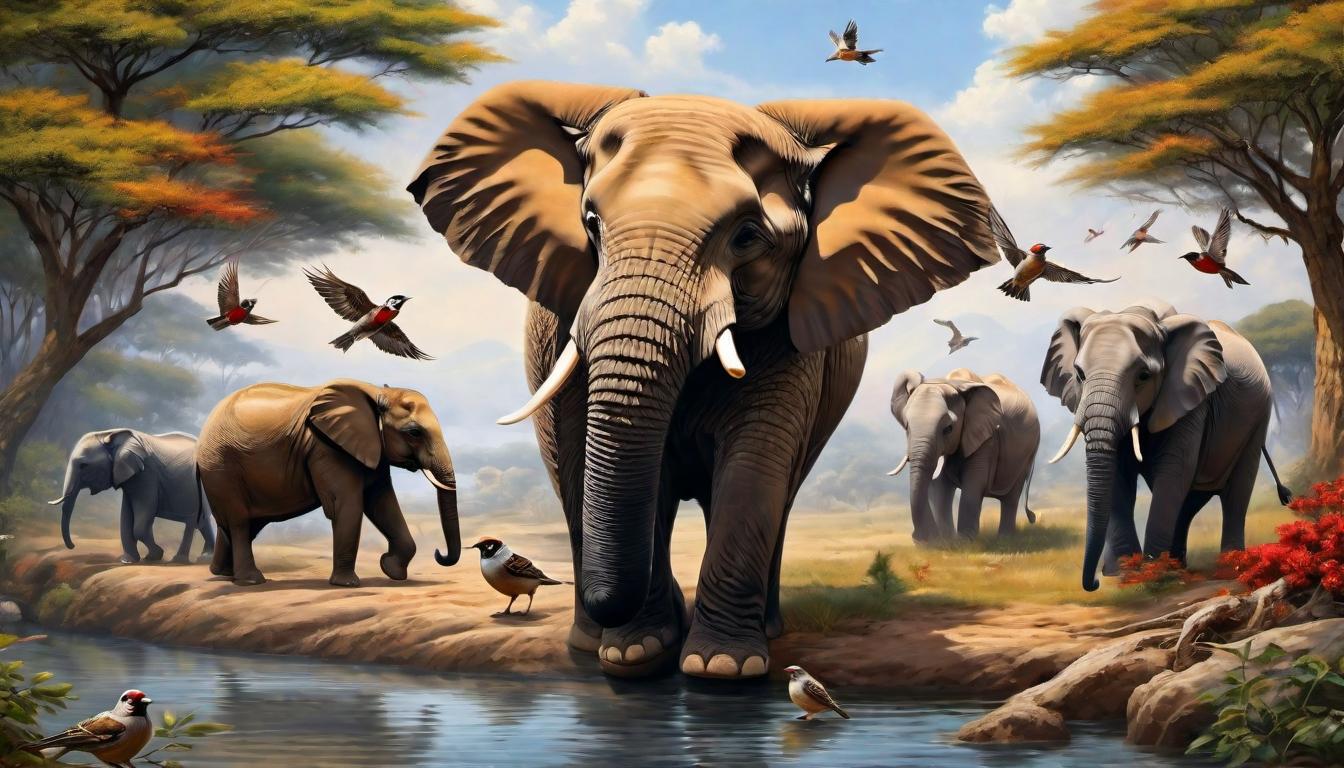  digital painting of Sparrows to elephants, depicted in a majestic procession, each animal represented with attention to detail, from feathers to skin textures, a tapestry of life, mutual reverence, natural splendor looking at viewer, dynamic pose, (intricate details, masterpiece, best quality)