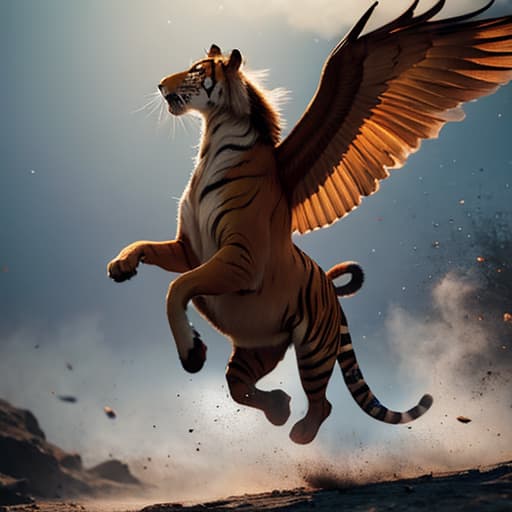  Tiger and Wings hyperrealistic, full body, detailed clothing, highly detailed, cinematic lighting, stunningly beautiful, intricate, sharp focus, f/1. 8, 85mm, (centered image composition), (professionally color graded), ((bright soft diffused light)), volumetric fog, trending on instagram, trending on tumblr, HDR 4K, 8K