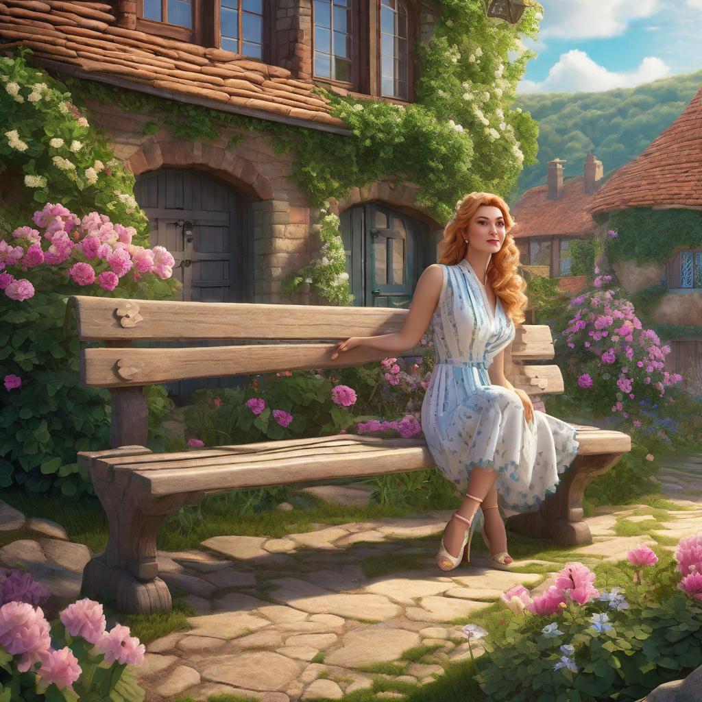  Prompt: A quaint and sunny village, adorned with homes made of bricks, having thatched roofs, and colorful flower gardens by their doorsteps, forms the serene setting. In the background are green, rolling hills under a vivid blue sky, dotted with fluffy white clouds. A lonely cobblestone road winds through the village. The main character is Lisa, a young with auburn hair, typically bright and joyous, but currently wearing a subdued smile. Lisa, dressed in a frilly summer dress and ballet flats, is seen a wooden bench facing the homes. Her face is tilted towards the sun, but a shadow of sadness and melancholy veils her eyes. A group of cheerful village ren and s are the supporting characters. They are seen around hyperrealistic, full body, detailed clothing, highly detailed, cinematic lighting, stunningly beautiful, intricate, sharp focus, f/1. 8, 85mm, (centered image composition), (professionally color graded), ((bright soft diffused light)), volumetric fog, trending on instagram, trending on tumblr, HDR 4K, 8K