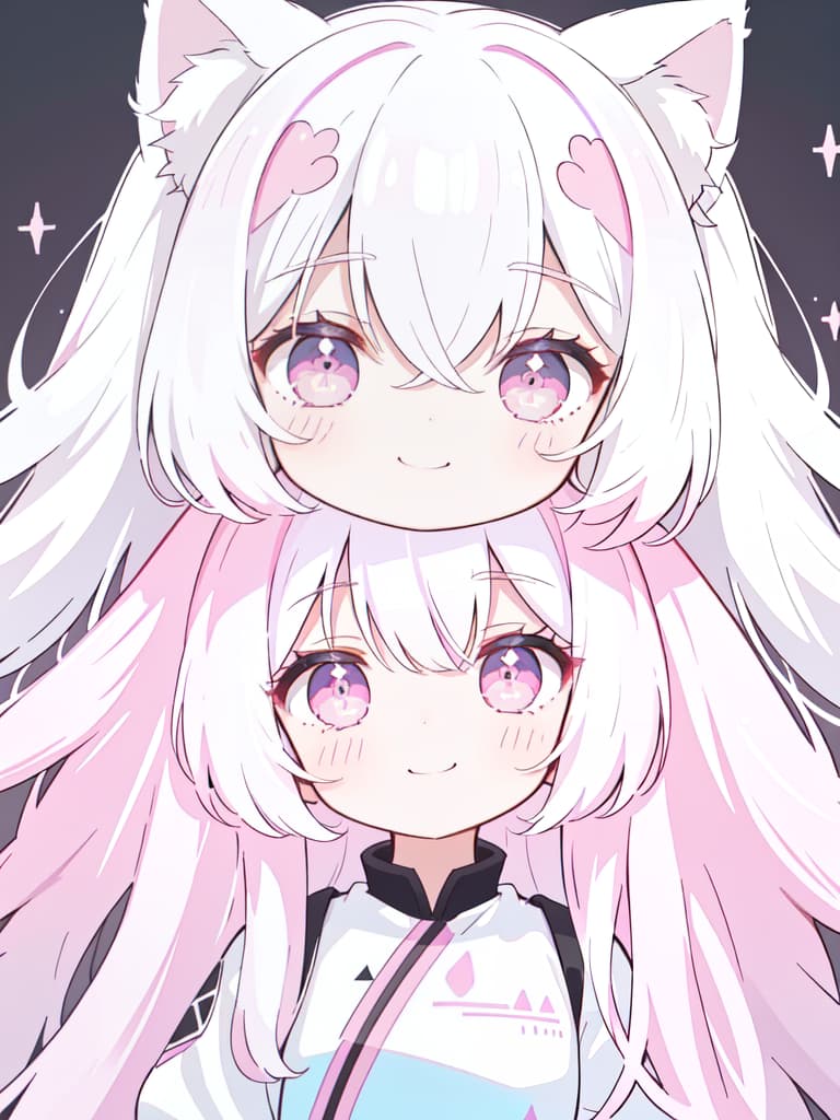  1 Girl, solo, white hair, hair tip dark pink, gradation, twosideup, long hair, angel, cat ears, smiles, masterpiece, best quality,8k,ultra detailed,high resolution,an extremely delicate and beautiful,hyper detail