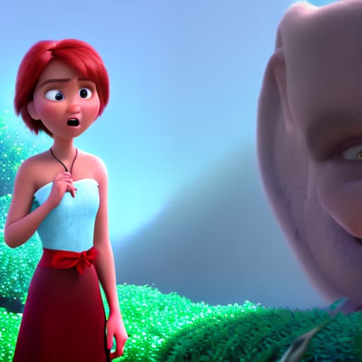 modern disney style A girl with short red hair with an evil face playing Disney Pixar movie
