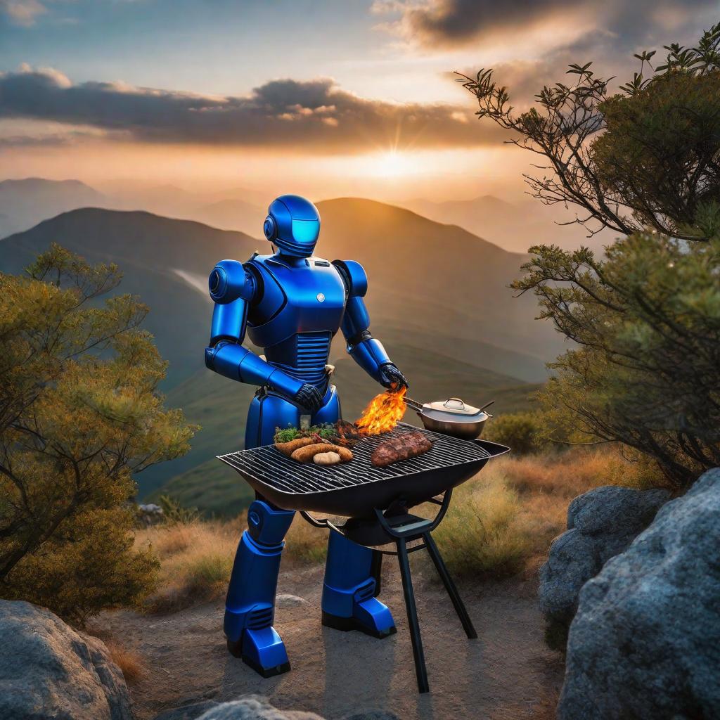  blue sentinelaibot grilling food on mountain flamboyant hyperrealistic, full body, detailed clothing, highly detailed, cinematic lighting, stunningly beautiful, intricate, sharp focus, f/1. 8, 85mm, (centered image composition), (professionally color graded), ((bright soft diffused light)), volumetric fog, trending on instagram, trending on tumblr, HDR 4K, 8K