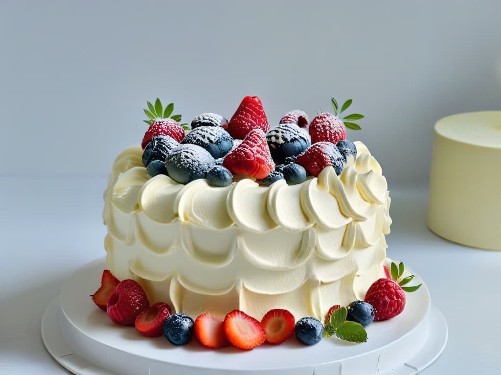  A closeup, ultradetailed image of a beautifully decorated sugarfree cake, showcasing intricate piping work with swirls of cream and fresh berries on top. The cake sits on a pristine white cake stand, with soft natural light casting delicate shadows, highlighting the exquisite details of the dessert. hyperrealistic, full body, detailed clothing, highly detailed, cinematic lighting, stunningly beautiful, intricate, sharp focus, f/1. 8, 85mm, (centered image composition), (professionally color graded), ((bright soft diffused light)), volumetric fog, trending on instagram, trending on tumblr, HDR 4K, 8K