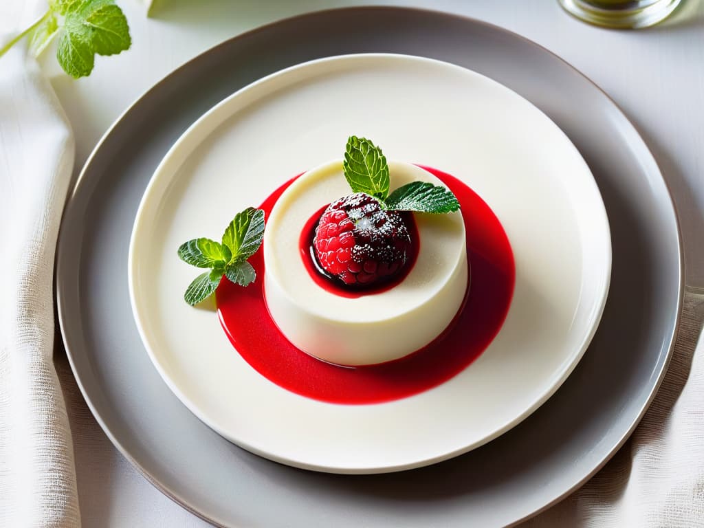  A highresolution, minimalist image of a perfectly set panna cotta topped with a vibrant raspberry coulis, garnished with delicate mint leaves, displayed elegantly on a modern white plate. The smooth surface of the dessert reflects soft light, showcasing the flawless gelification process, while the contrasting colors create a visually striking and appetizing composition. hyperrealistic, full body, detailed clothing, highly detailed, cinematic lighting, stunningly beautiful, intricate, sharp focus, f/1. 8, 85mm, (centered image composition), (professionally color graded), ((bright soft diffused light)), volumetric fog, trending on instagram, trending on tumblr, HDR 4K, 8K