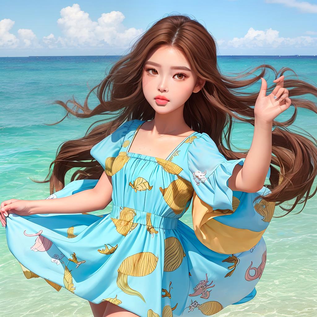  masterpiece, best quality, goddess,tan, female, small eyes, amber eyes, big pout lips, short brown hair, big cheeks , ocean, summer, baby blue dress