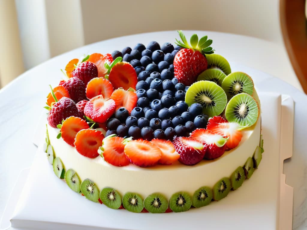  An intricately designed cake made entirely of perfectly arranged, colorful fruits and vegetables, showcasing the beauty and creativity of conscious pastrymaking. Each slice reveals a vibrant mix of layers, with strawberries, kiwis, blueberries, and carrots forming a visually stunning pattern. The cake sits on a sleek, white marble platter, emphasizing its elegant simplicity and the artistry of sustainable baking. hyperrealistic, full body, detailed clothing, highly detailed, cinematic lighting, stunningly beautiful, intricate, sharp focus, f/1. 8, 85mm, (centered image composition), (professionally color graded), ((bright soft diffused light)), volumetric fog, trending on instagram, trending on tumblr, HDR 4K, 8K