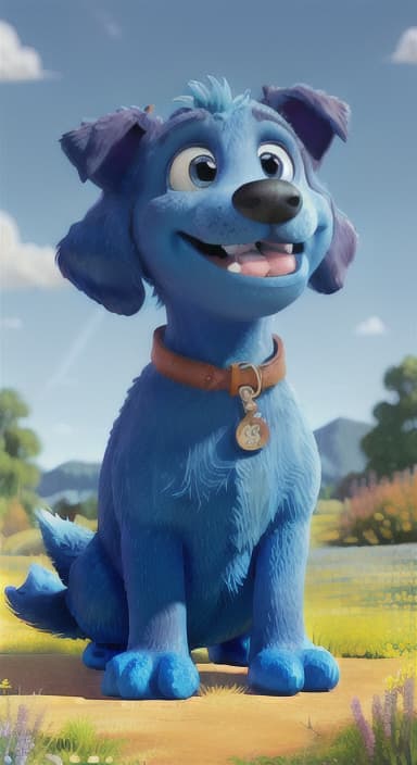  {A happy, big blue dog wagging its tail in a colorful meadow, The big blue dog is large with sky blue fur, big round eyes, a black nose, and floppy ears.