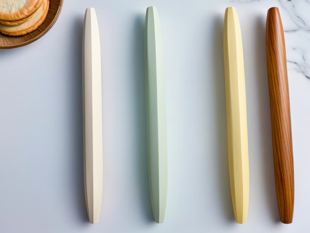  An image of a sleek, minimalistic kitchen countertop adorned with an assortment of elegantly designed pastry rolling pins. Each rodillo features intricate patterns and textures, adding a touch of sophistication to the baking process. The light gleams off the smooth, polished surfaces of the rolling pins, highlighting their unique designs and hinting at the endless creative possibilities they offer. hyperrealistic, full body, detailed clothing, highly detailed, cinematic lighting, stunningly beautiful, intricate, sharp focus, f/1. 8, 85mm, (centered image composition), (professionally color graded), ((bright soft diffused light)), volumetric fog, trending on instagram, trending on tumblr, HDR 4K, 8K