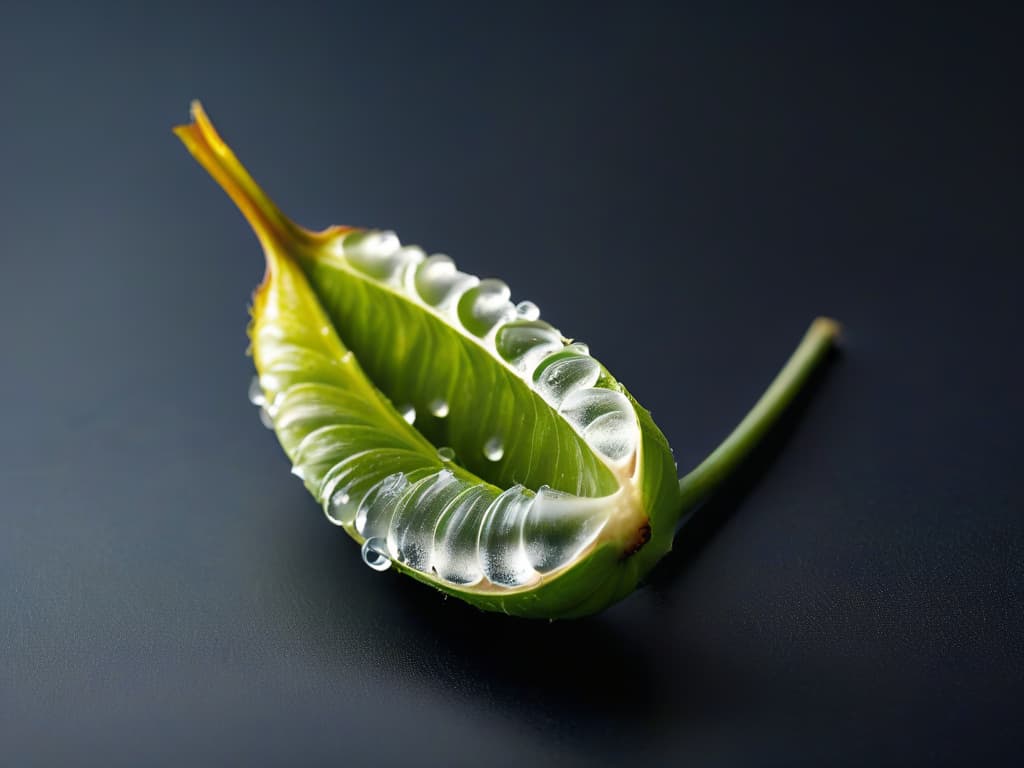  A closeup, ultradetailed image of a delicate vanilla bean pod split open, showcasing the tiny seeds inside against a stark black background. The focus is crystal clear, revealing the intricate textures and patterns of the pod, with the seeds glistening in the light, evoking a sense of elegance and sophistication. hyperrealistic, full body, detailed clothing, highly detailed, cinematic lighting, stunningly beautiful, intricate, sharp focus, f/1. 8, 85mm, (centered image composition), (professionally color graded), ((bright soft diffused light)), volumetric fog, trending on instagram, trending on tumblr, HDR 4K, 8K