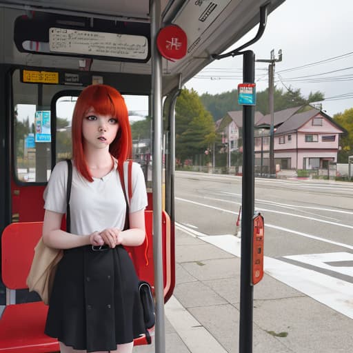  A crazy red-haired girl with bangs is standing at the bus stop