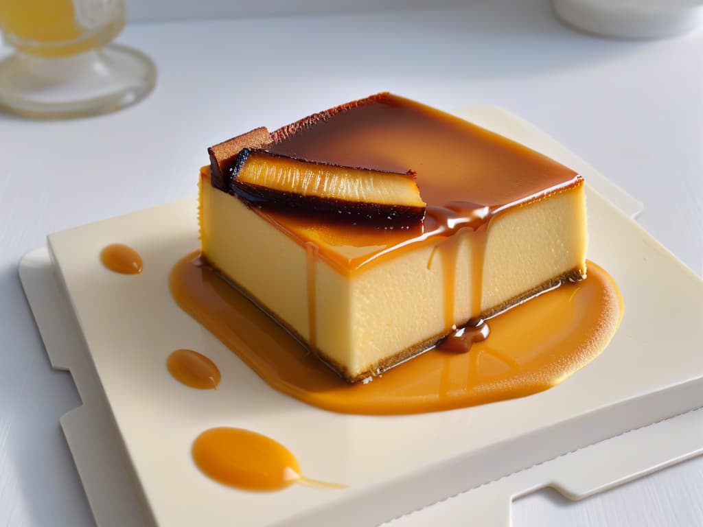  A closeup, ultradetailed image of a perfectly caramelized slice of flan Parisino, showcasing the smooth, creamy texture and rich golden hue of the custard. The surface is adorned with a delicate drizzle of caramel sauce, glistening under soft, natural lighting to highlight the intricate details of the dessert. The flan sits on a simple, elegant plate with subtle reflections, emphasizing the luxurious simplicity and irresistible appeal of this classic French treat. hyperrealistic, full body, detailed clothing, highly detailed, cinematic lighting, stunningly beautiful, intricate, sharp focus, f/1. 8, 85mm, (centered image composition), (professionally color graded), ((bright soft diffused light)), volumetric fog, trending on instagram, trending on tumblr, HDR 4K, 8K