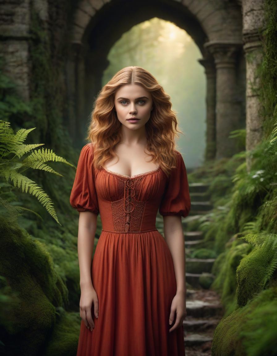  cinematic film still The era of the Middle Ages, a frame from a film, a summer sunset, light red Chloe Grace Moretz with curly long hair, in a short peasant dress of the Tudor era, warily looking around at the mysterious ruins overgrown with moss and ferns, wandering among mossy stones, dynamic pose, the most detailed drawn face, slender figure, . shallow depth of field, vignette, highly detailed, high budget, bokeh, cinemascope, moody, epic, gorgeous, film grain, grainy hyperrealistic, full body, detailed clothing, highly detailed, cinematic lighting, stunningly beautiful, intricate, sharp focus, f/1. 8, 85mm, (centered image composition), (professionally color graded), ((bright soft diffused light)), volumetric fog, trending on instagram, trending on tumblr, HDR 4K, 8K