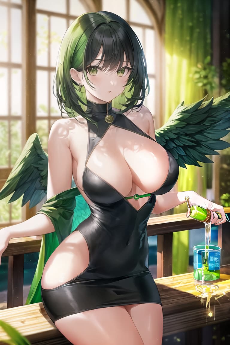  master piece , best quality,Black hair, green hair, angel wings, , juice, , , .