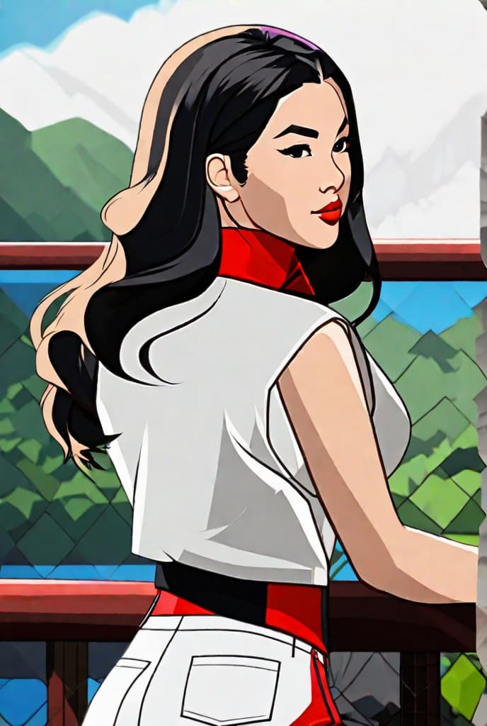  masterpiece, best quality, (fidelity:1.4), best quality, super high resolution, very detailed face, 8k resolution, asian , quiet, brooding, white and red skin, thin lips, white shirt, sleeveless, bare arms, black hair, hair tied, shorts, side