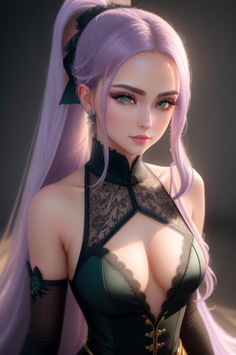   lying , long hair, ponytail, green eyes, lilac lace , small s, pointed s,, 1, , detailed eyes, hyperrealistic, full body, highly detailed, cinematic lighting, intricate, sharp focus, f/1. 8, 85mm, (centered image composition), (professionally color graded), ((bright soft diffused light)), volumetric fog, trending on instagram, HDR 4K, 8K