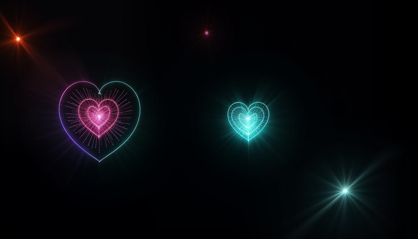  cinematic, aesthetic, A glowing heart, central on a dark background, dynamic streaks of light, radiating from the heart, illuminating the darkness, symbolizing warmth and influence, 4k, HDR, lens flare