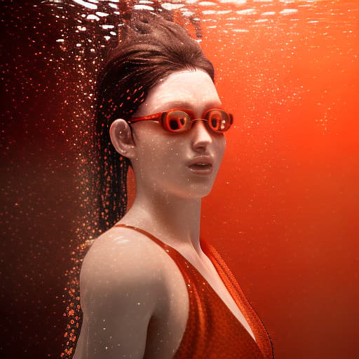 redshift style woman under water with short orange hair no reaction wearing red robe without anything else