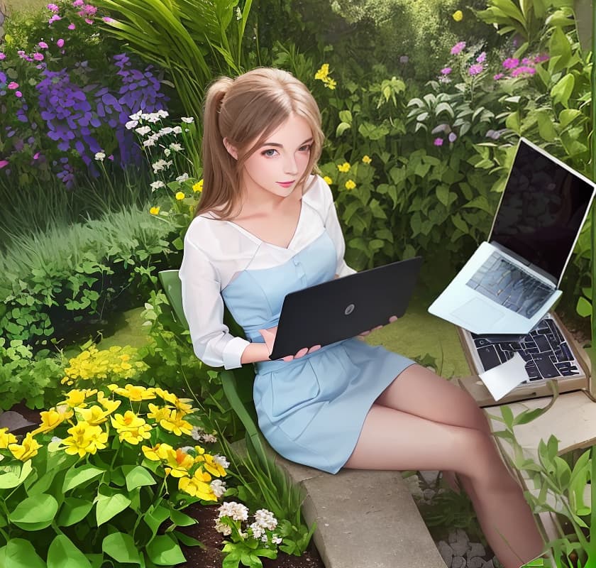  Beautiful girl sits working on the laptop in the garden