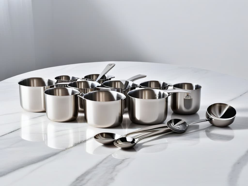  A closeup, ultradetailed image of an array of sleek, shiny stainless steel measuring spoons and cups arranged neatly on a white marble countertop. The light catches the reflective surfaces, emphasizing the precision and quality of the utensils. Each measuring tool is labeled with its size in elegant, minimalist font, adding a touch of sophistication to the image. hyperrealistic, full body, detailed clothing, highly detailed, cinematic lighting, stunningly beautiful, intricate, sharp focus, f/1. 8, 85mm, (centered image composition), (professionally color graded), ((bright soft diffused light)), volumetric fog, trending on instagram, trending on tumblr, HDR 4K, 8K