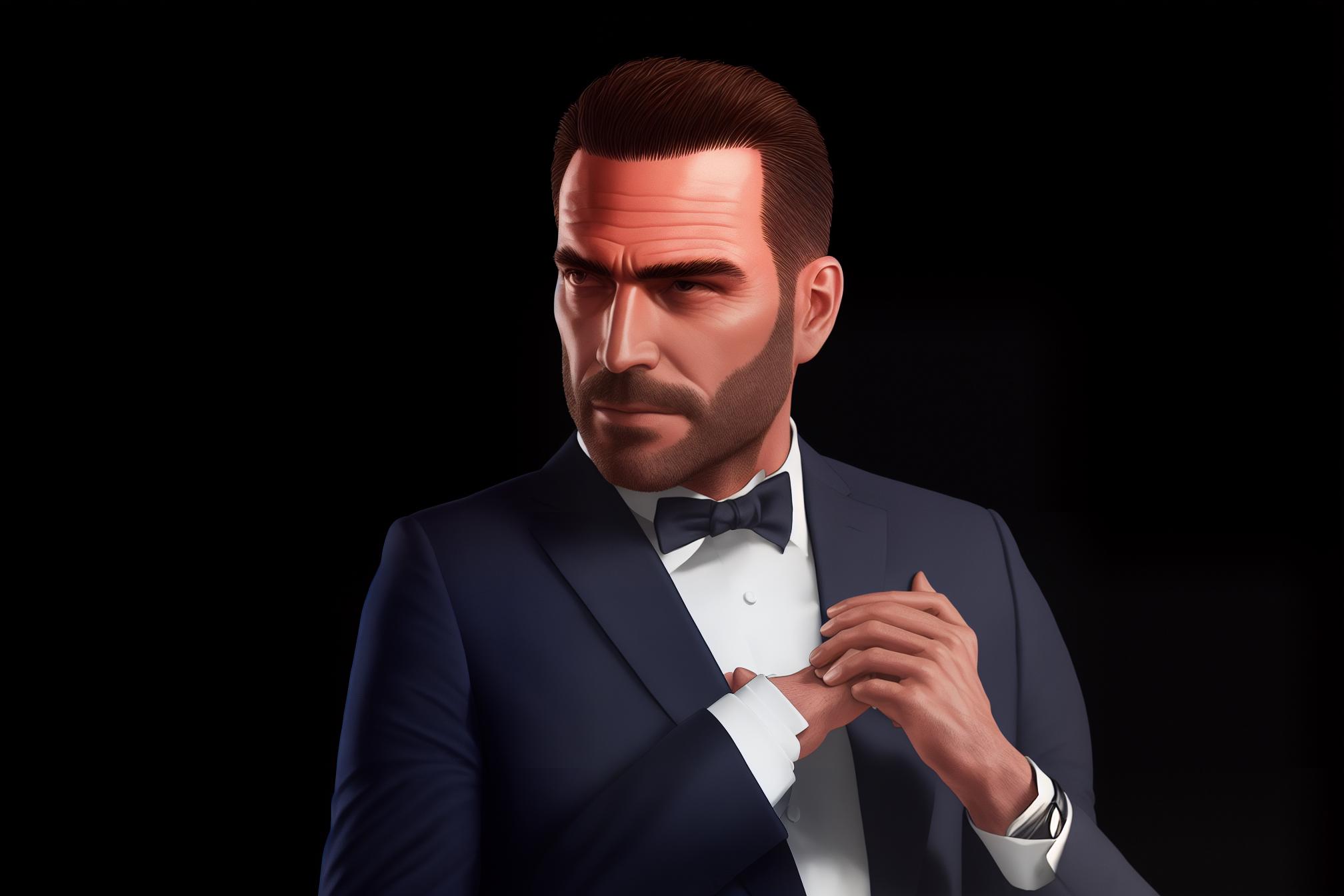  Man in suit in gta 5 style hyperrealistic, full body, detailed clothing, highly detailed, cinematic lighting, stunningly beautiful, intricate, sharp focus, f/1. 8, 85mm, (centered image composition), (professionally color graded), ((bright soft diffused light)), volumetric fog, trending on instagram, trending on tumblr, HDR 4K, 8K