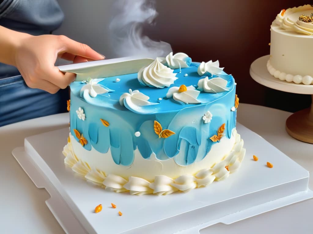  An ultradetailed closeup image of a pair of hands delicately decorating a colorful and intricately designed cake with piping bags filled with frosting, showcasing the precision and artistry involved in therapeutic baking for individuals with disabilities. hyperrealistic, full body, detailed clothing, highly detailed, cinematic lighting, stunningly beautiful, intricate, sharp focus, f/1. 8, 85mm, (centered image composition), (professionally color graded), ((bright soft diffused light)), volumetric fog, trending on instagram, trending on tumblr, HDR 4K, 8K