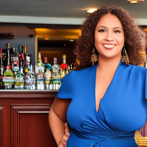  photo of a Woman with big breasts in a blue Dress and waiting on a bar corner