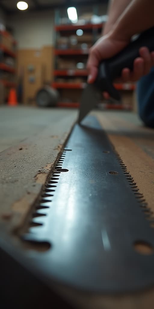  good quality, high quality, industrial handsaw close up in a warehouse, focusing on the bladeas teeth and reflective surface. no logos, no people present, sharp focal point on the cutting edge.