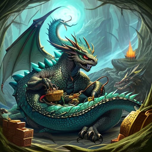  Dragon at rest, breathing dragon breath, his nest full of treasure, one hand nestled treasure,